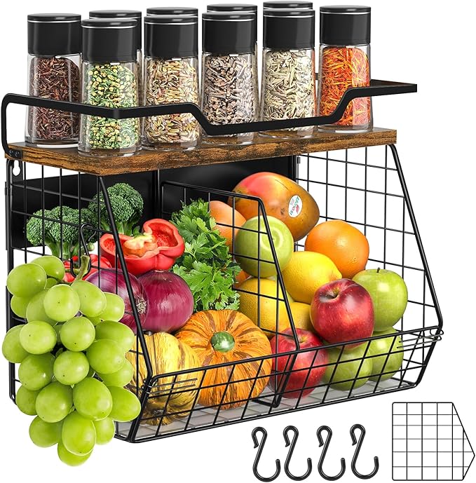 Magnetic Shelf for Fridge with Wood Lid & 4 Hooks, Fruit Potato & Onion Storage Bins, Pantry Organizer & Storage, Large Container Magnetic Spice Rack for Refrigerator, Kitchen Counter & Cabinet