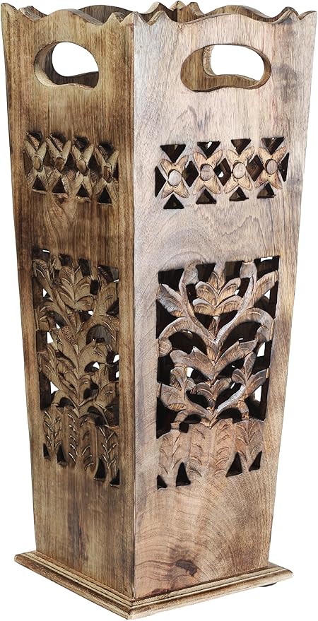 Hand-Carved Wooden Umbrella Stand & Walking Cane Holder — 21 Inch Tall Decorative Umbrella Rack for Entryway, Home & Office — Rustic Floor Storage Organizer