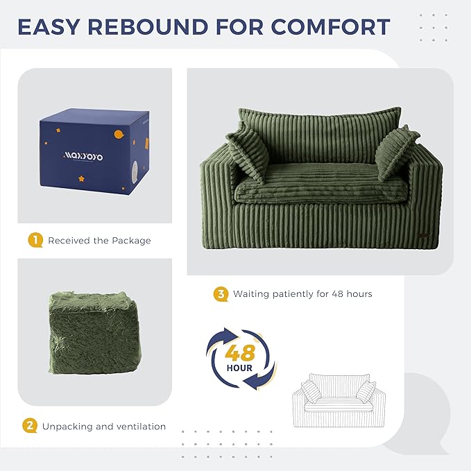 MAXYOYO 59" Bean Bag Sofa Couch, Loveseat Boneless Couch in a Box, Upholstered Small Mini Sofa with Deep Seating for Living Room Bedroom Office Apartment, No Assembly, Green