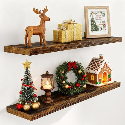 Floating Shelves for Wall, 48 x 9.3 Large Floating Shelf Wall Mounted Set of 2, Rustic Wood Shelves for Bathroom, Kitchen, Living, Heavy-Duty Storage Deep Shelf for Books, Decor, Rustic Brown