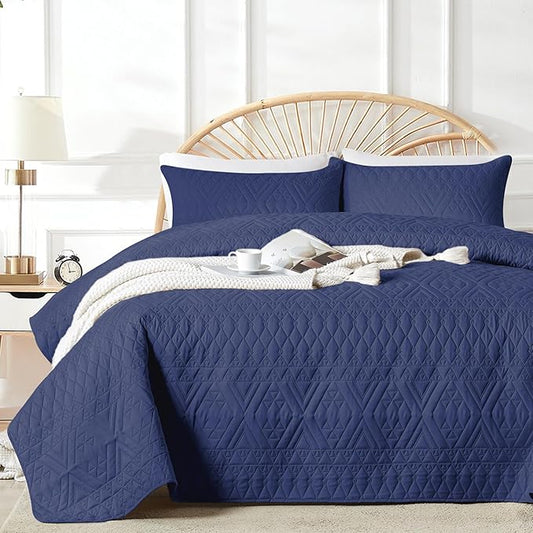 akkialla Twin Size Quilt Bedding Set,Navy Blue Lightweight Microfiber Soft Bedspreads,Modern Style Geoetric Pattern Coverlet Set for All Seasons,2 Piece(1 Quilt,1Pillow Sham)