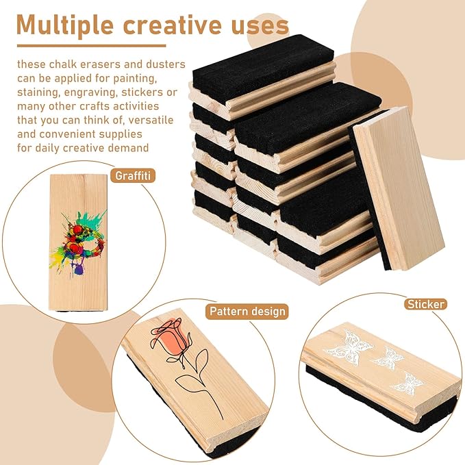 Felt Campus Style Erasers, Cleaner Dusters Felt Chalkboard Eraser for Kids Wood Chalk Eraser for Chalkboard Cleaners Dusters for Markers White Black Boards Paint School Students Teachers (24 Pieces)