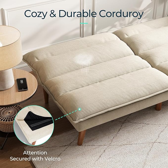 LINSY HOME Futon Sofa Bed - Convertible Corduroy Futon Couch Bed with Adjustable Backrest, Modern Small Loveseat Sleeper Sofa for Small Spaces, Living Room, Apartment or Office (Beige)