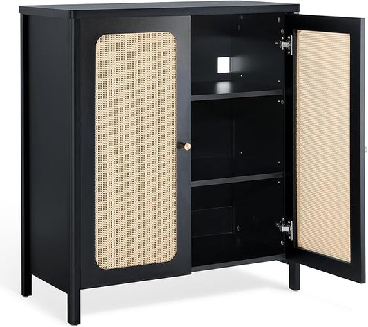 Rattan Sideboard Buffet Cabinet 2 Door Boho Kitchen Storage Cabinet Accent Console for Living Room, Hallway, Kitchen, Sideboard, Buffet Table Black