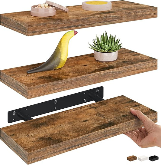 Ballucci Floating Shelves, 16" Wood Wall Shelf Set of 3, Invisible Brackets Floating Shelf for Wall Decor Living Room, Bathroom, Bedroom, Kitchen, 6" Depth, Rustic Brown