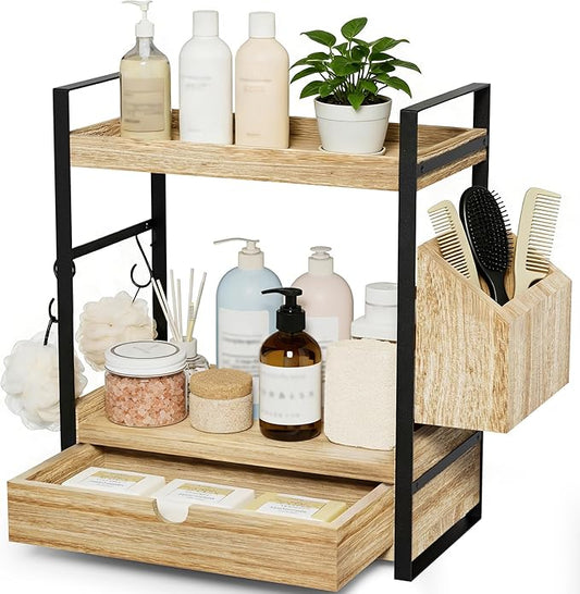 Kottwca Bathroom Counter Organizer with Drawer, 2-Tier Wood Countertop Organizer for Storage, Vanity Skincare Organizers, Bathroom Sink Shelf for Organization (Wood Color)