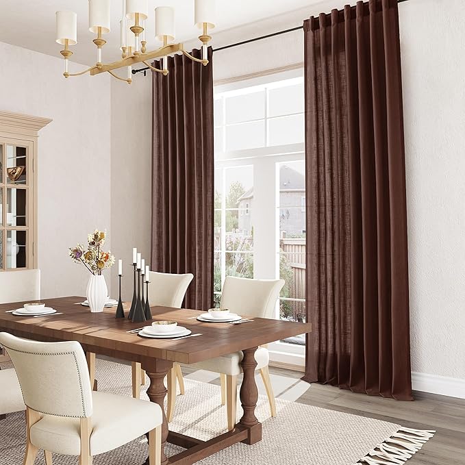 Joywell Rustic Brown Back Tab Rod Pocket Linen Curtains 96 Inches Long 2 Panels for Living Room Bedroom Neutral Boho Farmhouse Rustic Light Filtering Semi Sheer Curtains Window Treatment 52x96