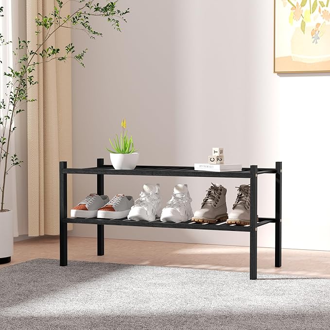 2 Tier Bamboo Shoe Rack for Closet Free Standing Wood Shoe Shelf for Entryway Small Space Stackable 27"x11"x13" (Black)