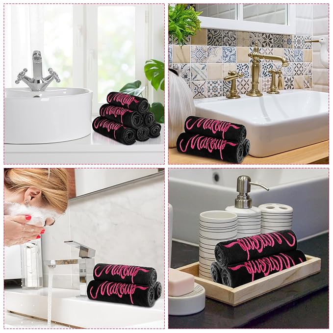 96 Pack Makeup Remover Cloths, 13 x 13 Inch Makeup Towels Bulk Soft Microfiber Face Towels Reusable Makeup Washcloths with Makeup Embroidery for Women Skin (Black)