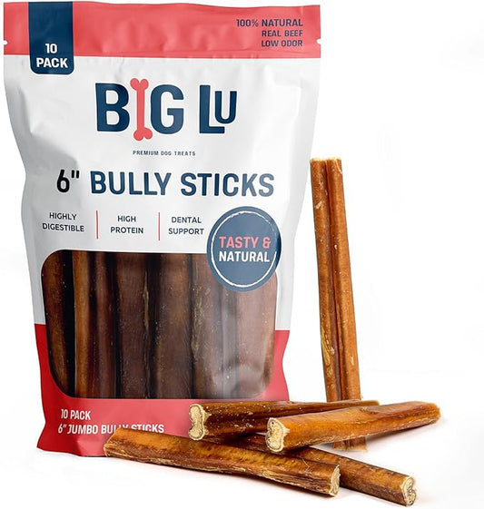 Big Lu - 6” Jumbo Bully Sticks, 10 Count- Thick, Long-Lasting, Grass-Fed Beef Chews for Medium & Large Dogs, Natural Single-Ingredient, Fully Digestible Treats