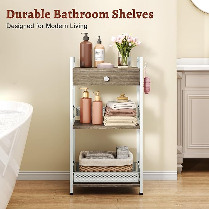 FAVOOSTY 3-Tier Bathroom Ladder Shelf Floor Storage Shelf with Drawer Freestanding Shelving Unit Bookcase End Table for Bathroom Living Room,Balcony-White