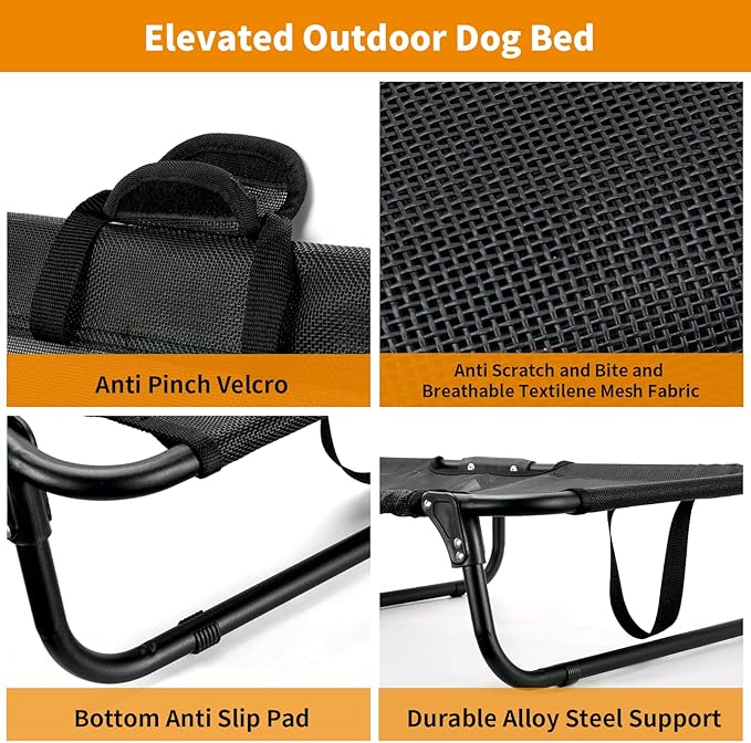 Foldable Elevated Dog Cot, No Assembly Need, Waterproof Folding Raised Dog Bed, Outdoor Dogs Cot Cooling Pet Hammock Bed with Breathable Mesh for Small Medium Size Dogs, Chew-Proof, Black