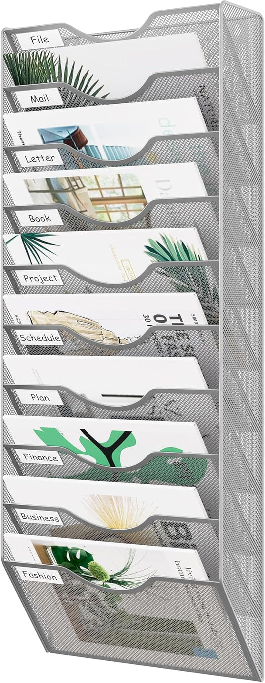 EasyPAG 10 Pocket Mesh Wall File Organizer, Hanging Paper Folder Holder with Classify Label, Vertical Wall Mount Mail Organizer for Office Home Classroom, Silver