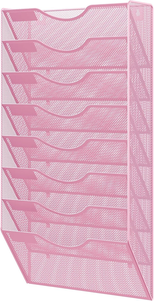 EasyPAG 8 Pocket Mesh Wall File Organizer, Hanging Paper Folder Holder with Classify Label, Vertical Wall Mount Mail Organizer for Office Home Classroom, Pink