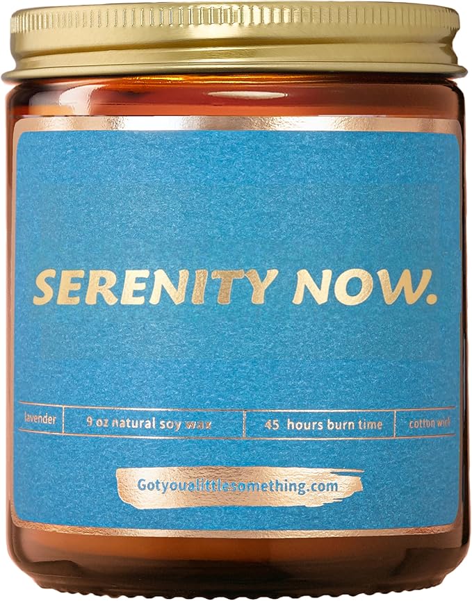 Seinfeld Gifts for Women - Serenity Now Lavender Vanilla Scented Soy Wax Candle | Seinfeld Merch Mothers Day Friendship Relaxation Gifts for Women | Birthday Present Idea for Friends for Home Decor
