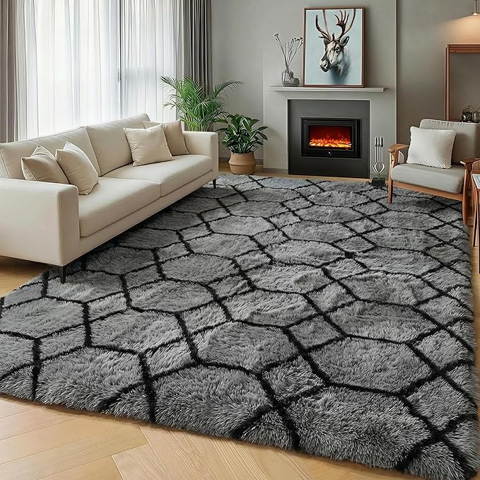 ONASAR Area Rugs for Bedroom Living Room, 4x6 Fluffy Grey and Black Rug, Shaggy Geometric Floor Mat for Home Decor Aesthetic, Soft Plush Fuzzy Carpet for Nursery Kids Teen Dorm
