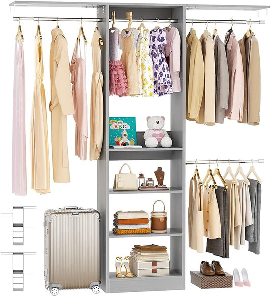 48" Closet Organizer System, 4FT Closet System for Small Closets with 4 Hanging Rods & 3 Shelves, 80"H Small Closet Organizers and Storage for Bedrooms, Cloakrooms, Gray