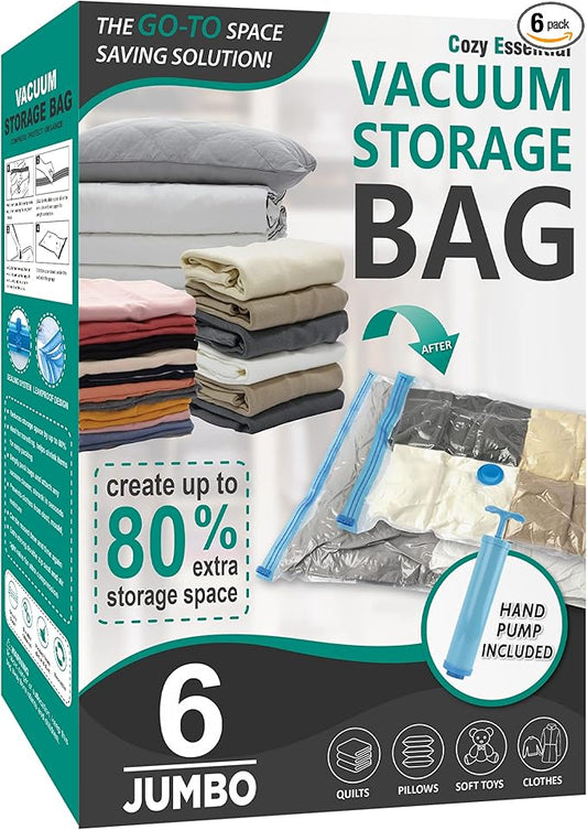 Cozy Essential Vacuum Storage Bags, Compression Space Saver Bags for Clothes, Comforters, Blankets, Pillow, Bedding, Sealer Clothing Storage,6 Jumbo