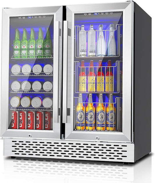 Dual Zone Beverage Refrigerator, 30'' Beverage Fridge with Detachable Basket, Intelligent Control Beverage Cooler with Glass Door Built-in or Freestanding with Blue LED Light, Hold 130 Can 60 Bottle