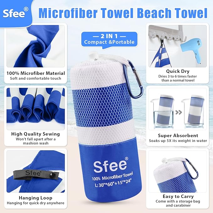 2 in 1 Microfiber Beach Towel, Quick Dry Towel Travel Camping Towel Super Absorbent Compact Lightweight Sports Gym Towels Set for Beach, Gym, Hiking, Pool, Backpacking, Bath, Yoga