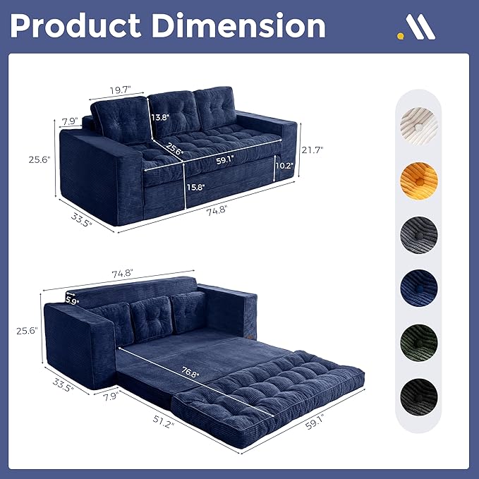 MAXYOYO Convertible Sofa Bed, Pull Out 3 Seater Sleeper Sofa, 2 in 1 Folding Couch Bed, Fold Out Floor Couch with Pillows for Living Room Bedroom Lounge, Navy