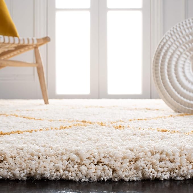 SAFAVIEH Hudson Shag Collection Area Rug - 9' x 12', Ivory & Gold, Modern Trellis Design, Non-Shedding & Easy Care, 2-inch Thick Ideal for High Traffic Areas in Living Room, Bedroom (SGH281E)