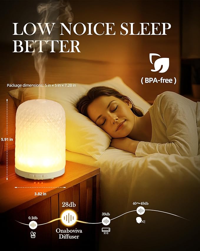 Essential Oil Diffuser - 2.4MHz Ultrasonic Glass Diffuser for Home, 120ml, Pulse&Continuous Mist, Bright/Dim/Breathing Lighting, Waterless Auto-Off, Aromatherapy Diffuser with USB Cable