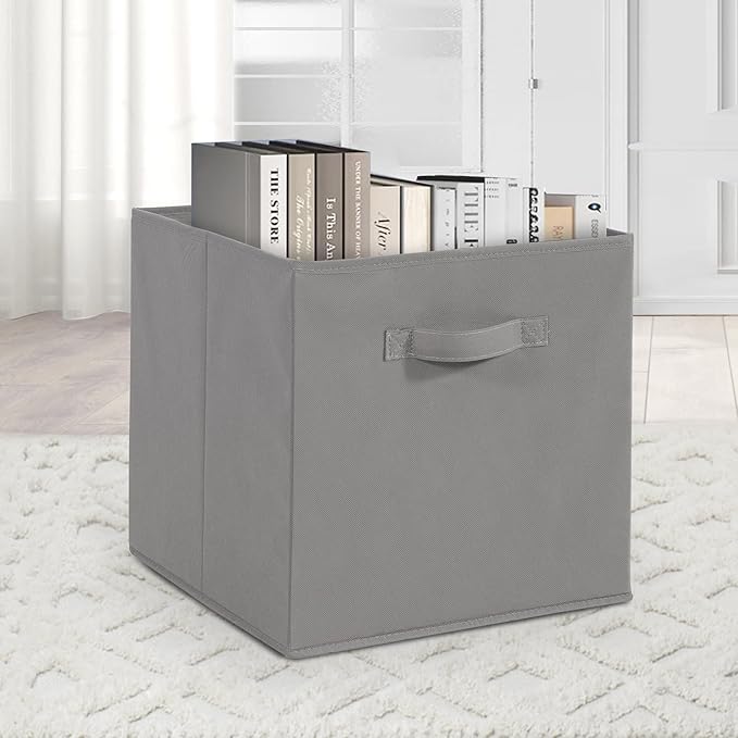 11x11 Storage Bins, Set of 4 Storage Cubes, Collapsible Cube Storage Box, Fabric Closet Organizers with Handles for Home, Office, Closet Shelf Cabinet, Bookcase, Grey