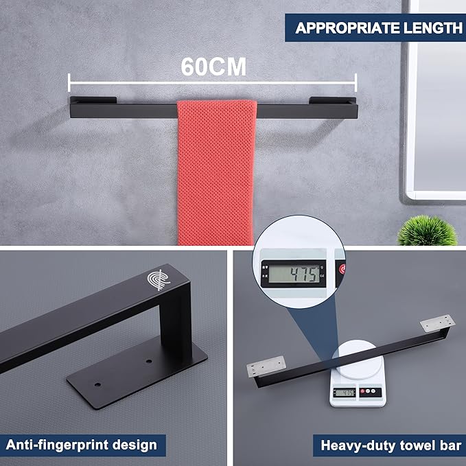 LANC Black Towel Rack for Bathroom Wall Mounted 16-Inch, Matte Black Self Adhesive Towel Bar No Drill Towel Rod, Stick on Hand Towel Holder Stainless Steel,Total Length 16.9 Inch A8310MB-L38