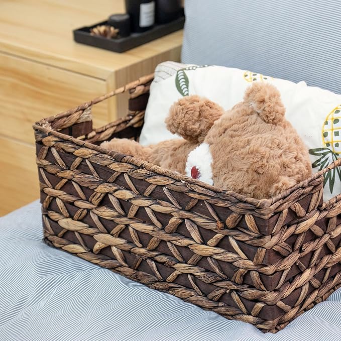 Rectangular Wicker Storage Basket with Iron Structure & Wood Accents, 15.75×11.42×7.09 Inches, Perfect for Home Organization