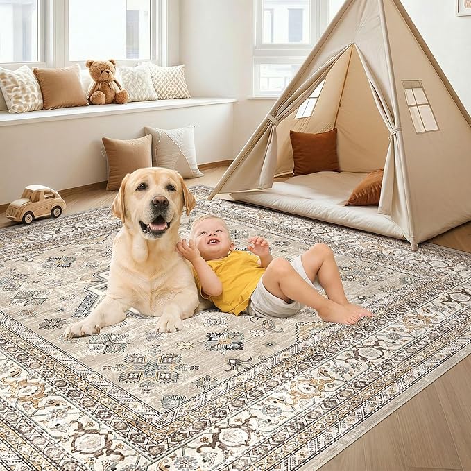 Vintage Living Room Square Area Rug 8x8 - Large Soft Washable Oriental Traditional Distressed Farmhouse Rugs for Bedroom - Indoor Floor Accent Carpet for Home Office House Decor - Beige