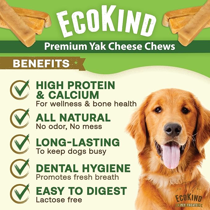 EcoKind Premium Gold Yak Cheese Himalayan Dog Chews, Dog Treats Large Breed, All Natural, High Protein, for Aggressive Chewers, Large - 20+ Chews (5 lb)