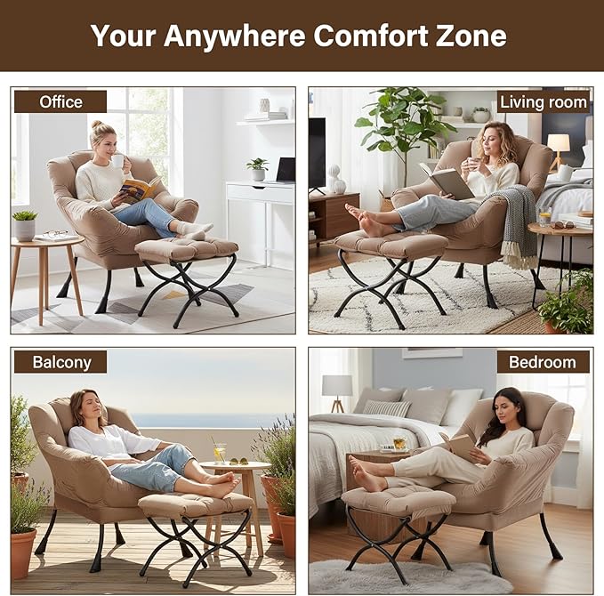 Welnow Lazy Chair with Ottoman, Modern Lounge Accent Chair with Armrests and a Side Pocket, Leisure Sofa Chair Set, Reading Chair with Footrest for Small Space, Corner Chair, Dark Brown