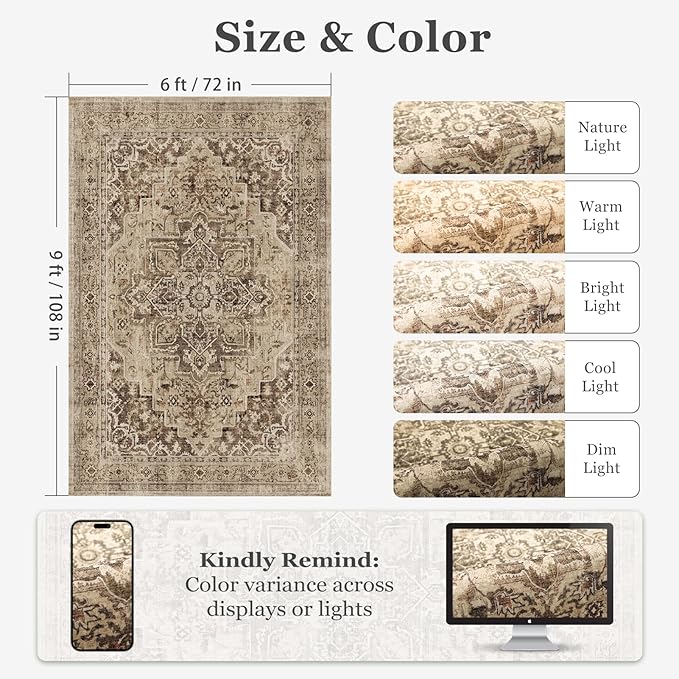 Distressed Brown Living Room Rug 6x9, Washable Non Slip Rug for Dining Room Under Table, Low Pile Thin Carpet Rugs for Den Bedrom Home Office, Vintage Medallion Earth Tone Taupe Brown Black