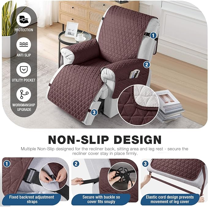 TAOCOCO 100% Waterproof Recliner Cover - Recliner Cover with Non-Slip Granule, Recliner Chair Covers with Elastic Band, Recliner Chair Covers for Reclining Chair(Coffee, Large-28'')