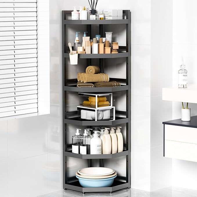 6 Tier Standing Corner Shower Caddy,Waterproof and Rust Proof,Adjustable Height,Multi-functional Tiered Storage for Shower Gel,Shampoo,Cosmetics,Kitchen Supplies,Black