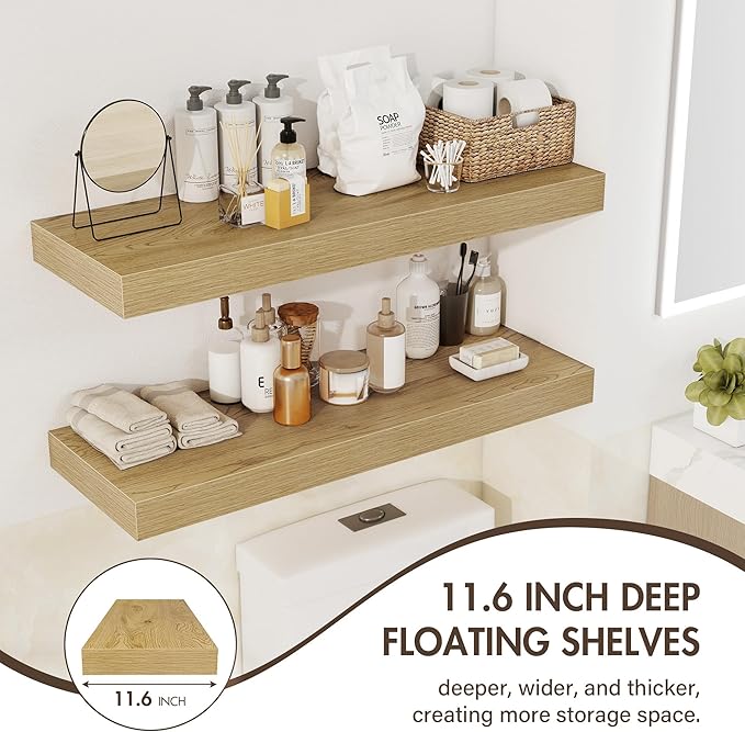 30 Inch Floating Shelves, 12" Deep Floating Shelf Wall Mounted, 30" Wall Shelves, Rustic Deep Bookshelf, Extra Deeper & Thicker Display Shelves for Bedroom, Living Room, Oak, Set of 2