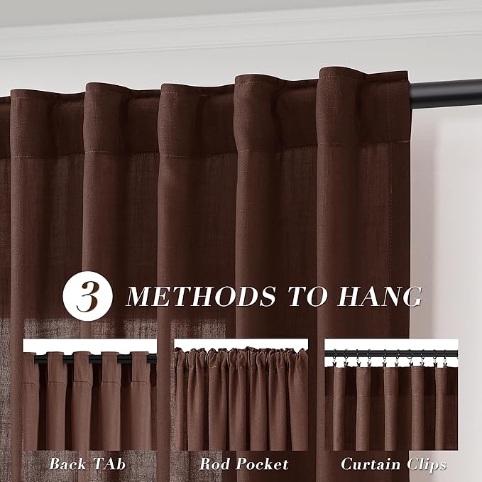 Joywell Rustic Brown Back Tab Rod Pocket Linen Curtains 96 Inches Long 2 Panels for Living Room Bedroom Neutral Boho Farmhouse Rustic Light Filtering Semi Sheer Curtains Window Treatment 52x96