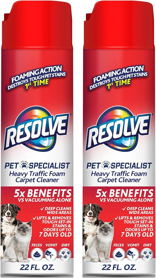 Resolve Pet Specialist Heavy Traffic Foam Carpet Cleaner, Pet Stain & Odor Remover, 22 oz Cans, 2 Pack