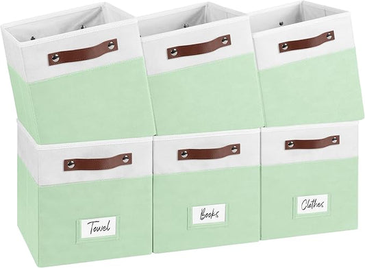 6-Pack Storage Cubes with Handles & Label Holders Basket, Closet Cube Home Organizer Bins(White/Green, 10.5*10.5*11 inch)