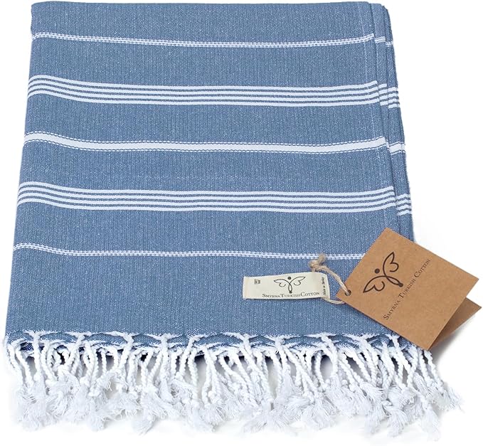SMYRNA TURKISH COTTON Classical Series Throw Blanket 50x60, Outdoor Blankets, Throws and Blankets for Couch, Sofa, Bed, Chair, Beach Picnic, Travel Boho Turkish Blanket, Dark Blue