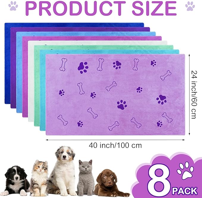 8 Pcs Dog Towels for Drying Dogs Cats Pet Towels Bulk Puppy Microfiber Quick Drying Paw Bath Bathing Supplies Absorbent for Medium Pets(Classic Color,40 x 24 Inch)