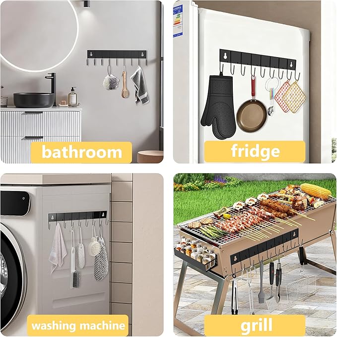 Magnetic Spice Rack for Refrigerator, 4 Pack Magnetic Shelf with 1 Hook Magnet Spice Storage Rack Seasoning Organizer with Screw for Oven Fridge (Black, 4Rack&1Hook)