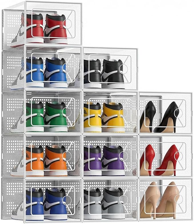 DUMOS Stackable Shoe Storage Boxes, 12-Pack Plastic Shoe Organizers with Lids, Large Shoe Rack & Holder for Closet, Under Bed, Entryway, Sneaker Display and Storage Containers, White
