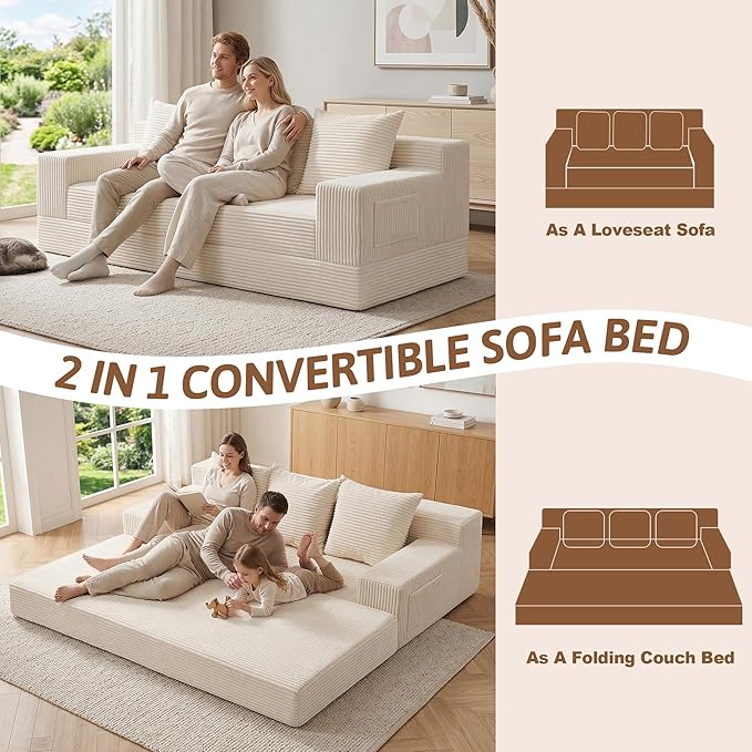 78" Convertible Sofa Bed, Foldable Floor Couch Futon Sofa,High-Density Sponge Boneless Couch, 3 Seater Sleeper Couch with 3 Pillows for Living Room Bedroom Lounge (Beige)