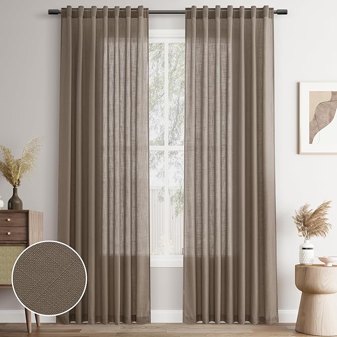 Joywell Dark Camel Back Tab Rod Pocket Linen Curtains 96 Inches Long 2 Panels for Living Room Bedroom Neutral Boho Farmhouse Rustic Light Filtering Semi Sheer Curtains Window Treatment 52x96