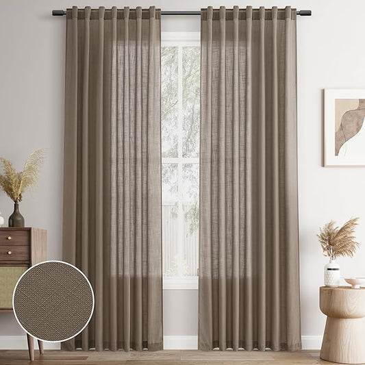 Joywell Dark Camel Back Tab Rod Pocket Linen Curtains 96 Inches Long 2 Panels for Living Room Bedroom Neutral Boho Farmhouse Rustic Light Filtering Semi Sheer Curtains Window Treatment 52x96