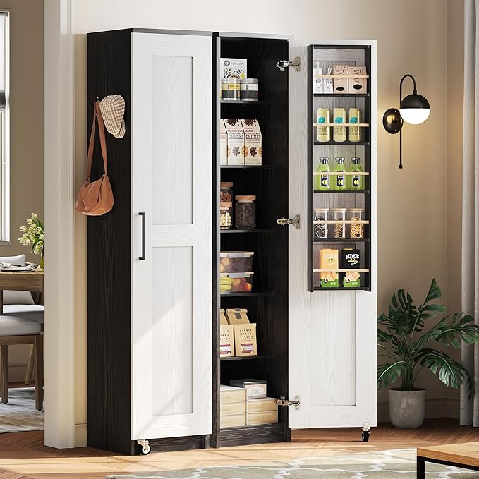 IRONCK Small Kitchen Pantry Cabinet 72" for Narrow Space, with Single Door and Adjustable Shelves, Freestanding Tall Storage Cabinet for Living Room, Bathroom, Black and White