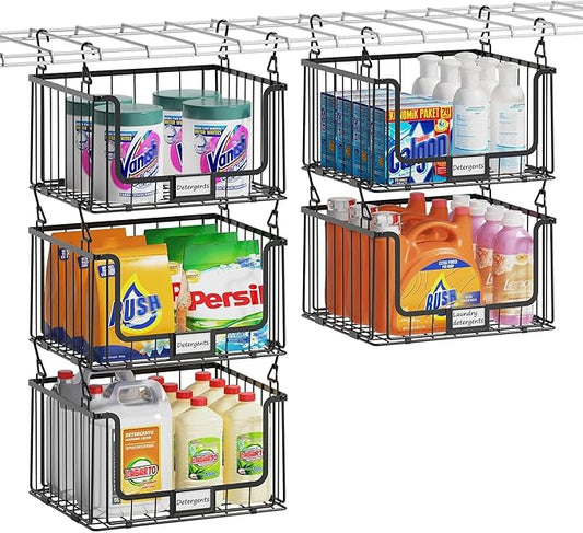 5-Tier Hanging Laundry Room Organizer with Label Cards, Foldable Wire Shelf Basket with 4 Rotating Hooks, Stacked Storage Rack for Laundry Rooms, Closet and Pantry, Black Metal