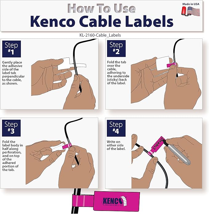 Kenco Cable Labels - 240 Labels 12 Sheets, 10 Colors Waterproof Cord Labels - Write on Stickers Tear and Liquid Resistant for Color Coding and Identification -Made in The USA (240 Labels)